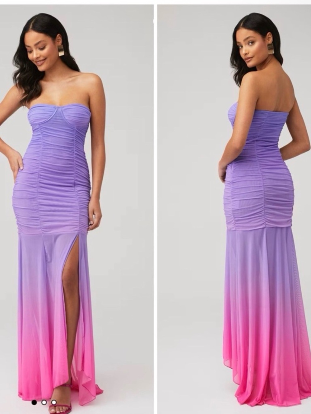 Rococo Sand Lavender to Pink Ombre Strapless Ruched Maxi Dress